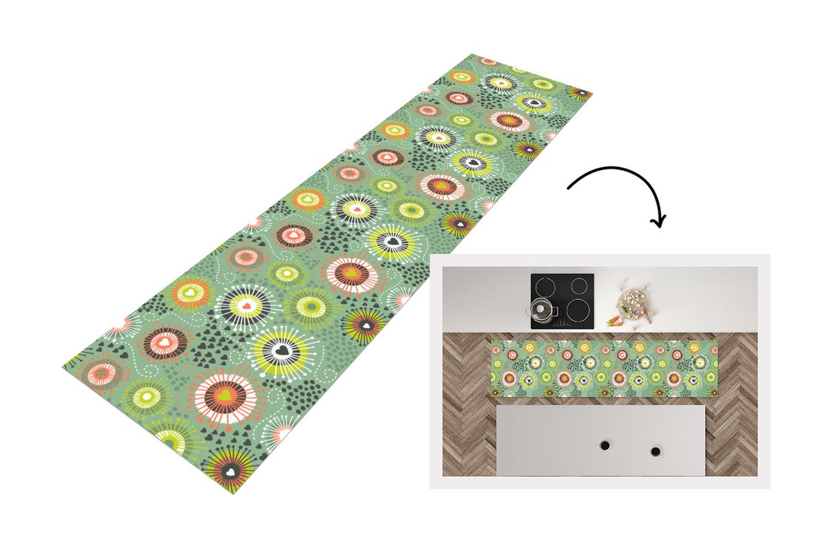 KitchenYeah Keukenloper - Loper keuken - Bloem - Design - Hartjes - 200x50 cm - Keukenloper vinyl Multicolor