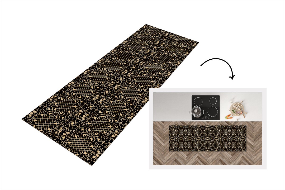 KitchenYeah Keukenloper - Loper keuken - Patroon - Abstract - Goud - Jaren 20 - 150x50 cm - Keukenloper vinyl Multicolor