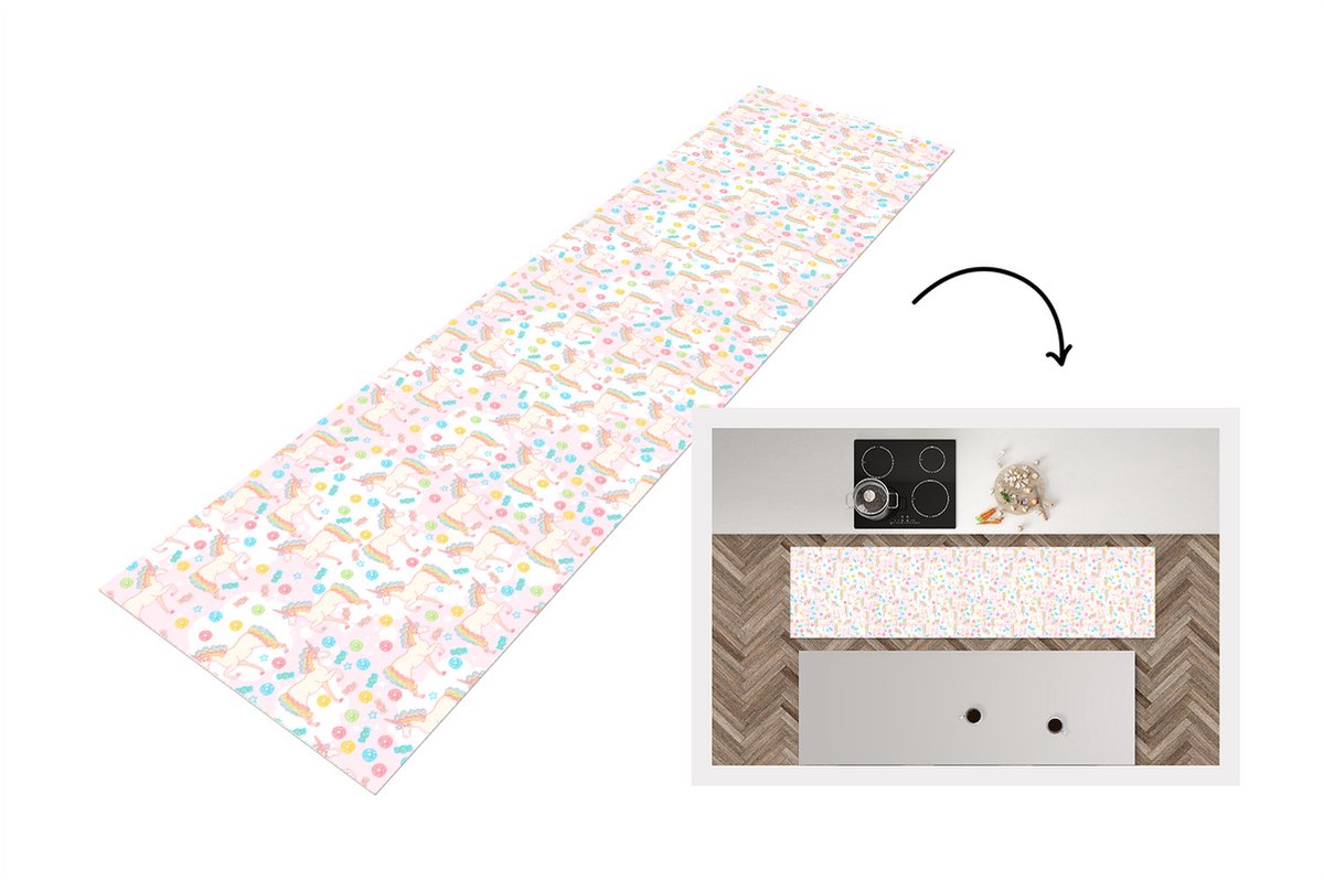 KitchenYeah Keukenloper - Loper keuken - Unicorn - Snoep - Regenboog - 240x60 cm - Keukenloper vinyl Multicolor