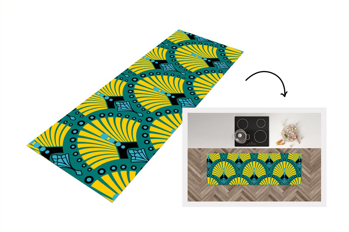 KitchenYeah Keukenloper - Loper keuken - Art Deco - Patroon - Blauw - Geel - 150x50 cm - Keukenloper vinyl Multicolor