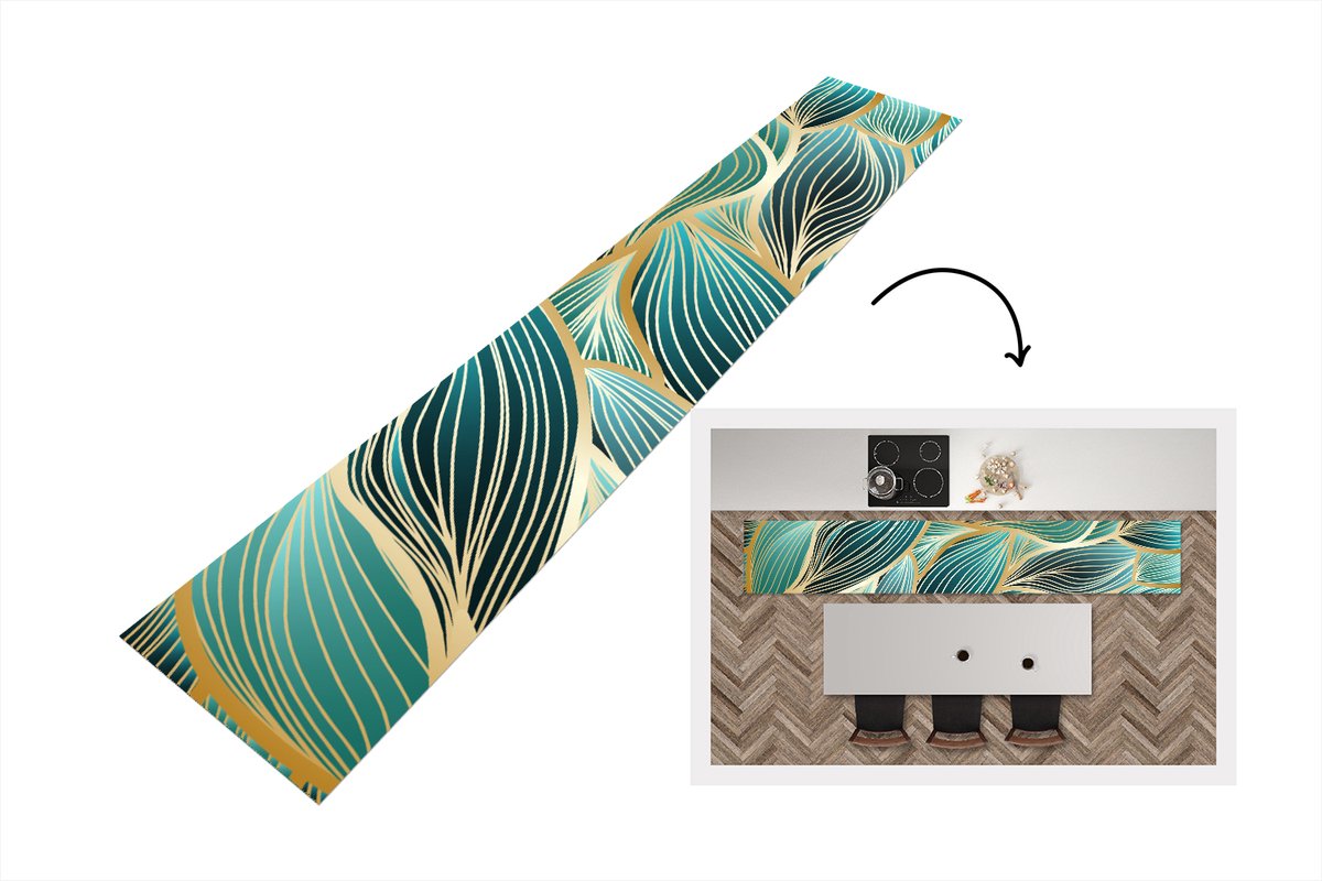 KitchenYeah Keukenloper - Loper keuken - Gouden golven op een blauwe achtergrond - 300x50 cm - Keukenloper vinyl Multicolor
