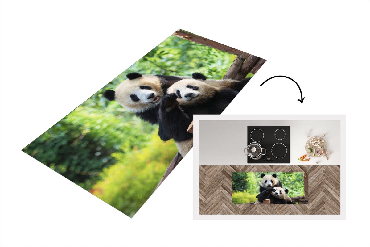 KitchenYeah Keukenloper - Loper keuken - Panda - Brug - Natuur - 120x50 cm - Keukenloper vinyl Multicolor