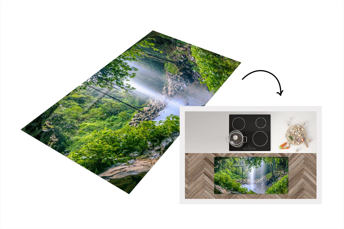 KitchenYeah Keukenloper - Loper keuken - Foto van regenwoud met waterval - 120x60 cm - Keukenloper vinyl Multicolor