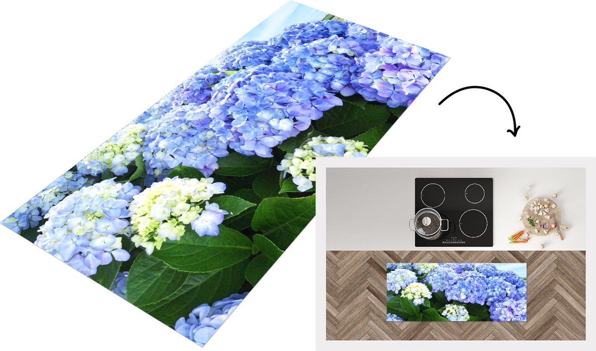 KitchenYeah Keukenloper - Loper keuken - Japanse hortensia bloemen - 120x50 cm - Keukenloper vinyl Multicolor