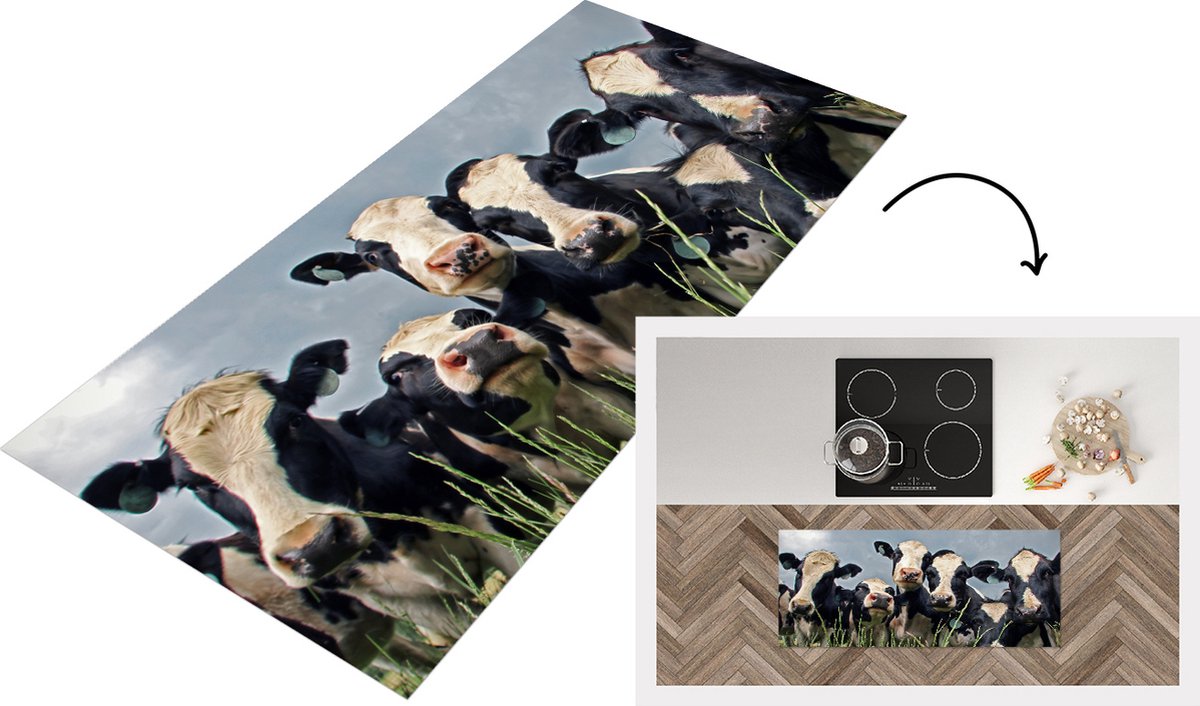 KitchenYeah Keukenloper - Loper keuken - Koeien - Wolken - Gras - Dieren - 120x50 cm - Keukenloper vinyl Multicolor