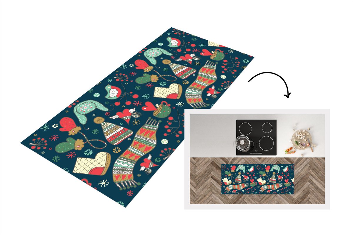 KitchenYeah Keukenloper - Loper keuken - Winter - Design - Thee - Handschoenen - Muts - 120x50 cm - Keukenloper vinyl Multicolor