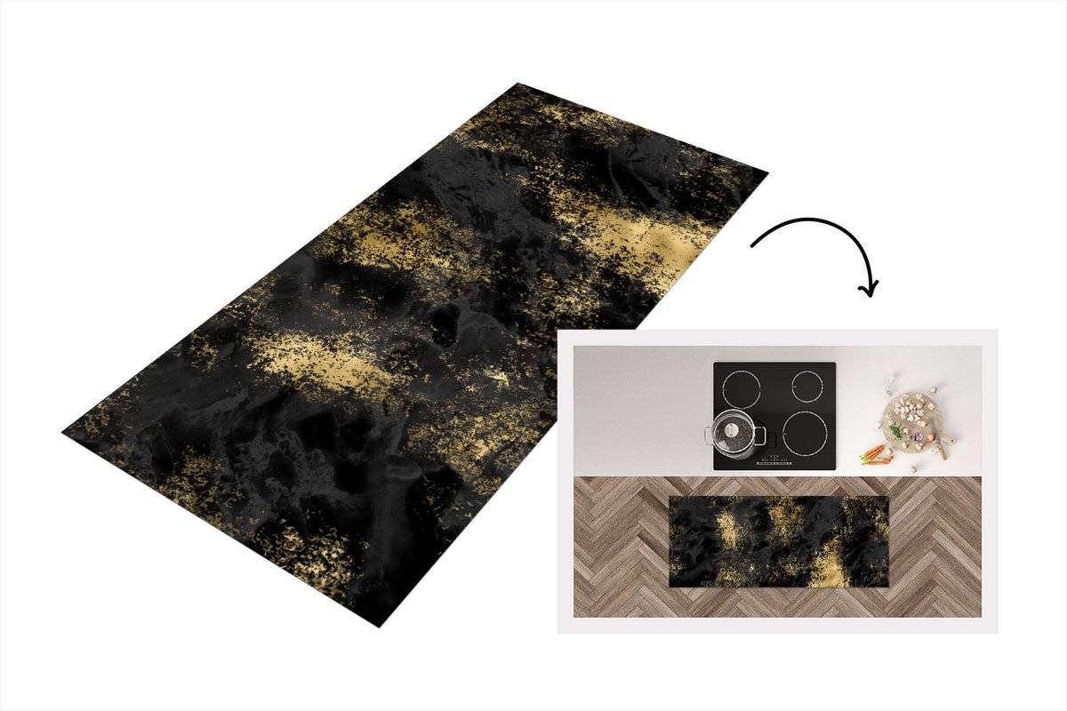 KitchenYeah Keukenloper - Loper keuken - Gold - Luxe - Vintage - Zwart - 120x50 cm - Keukenloper vinyl Multicolor