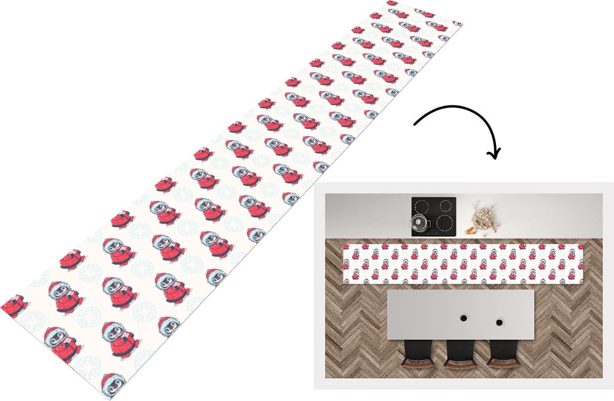 KitchenYeah Keukenloper - Loper keuken - Pinguïn - Sneeuw - Brief - Kerst - Patronen - 300x50 cm - Keukenloper vinyl Multicolor