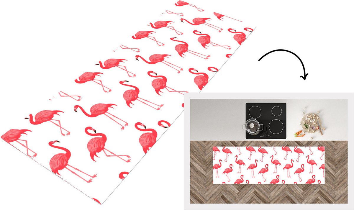 KitchenYeah Keukenloper - Loper keuken - Patroon - Flamingo - Vogel - 150x50 cm - Keukenloper vinyl Multicolor