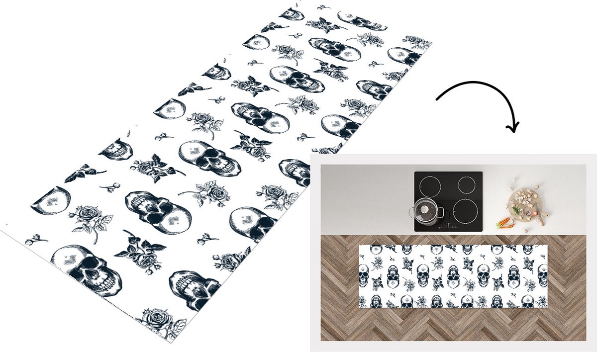 KitchenYeah Keukenloper - Loper keuken - Tieners - Skull - Bloemen - Patronen - 150x50 cm - Keukenloper vinyl Multicolor