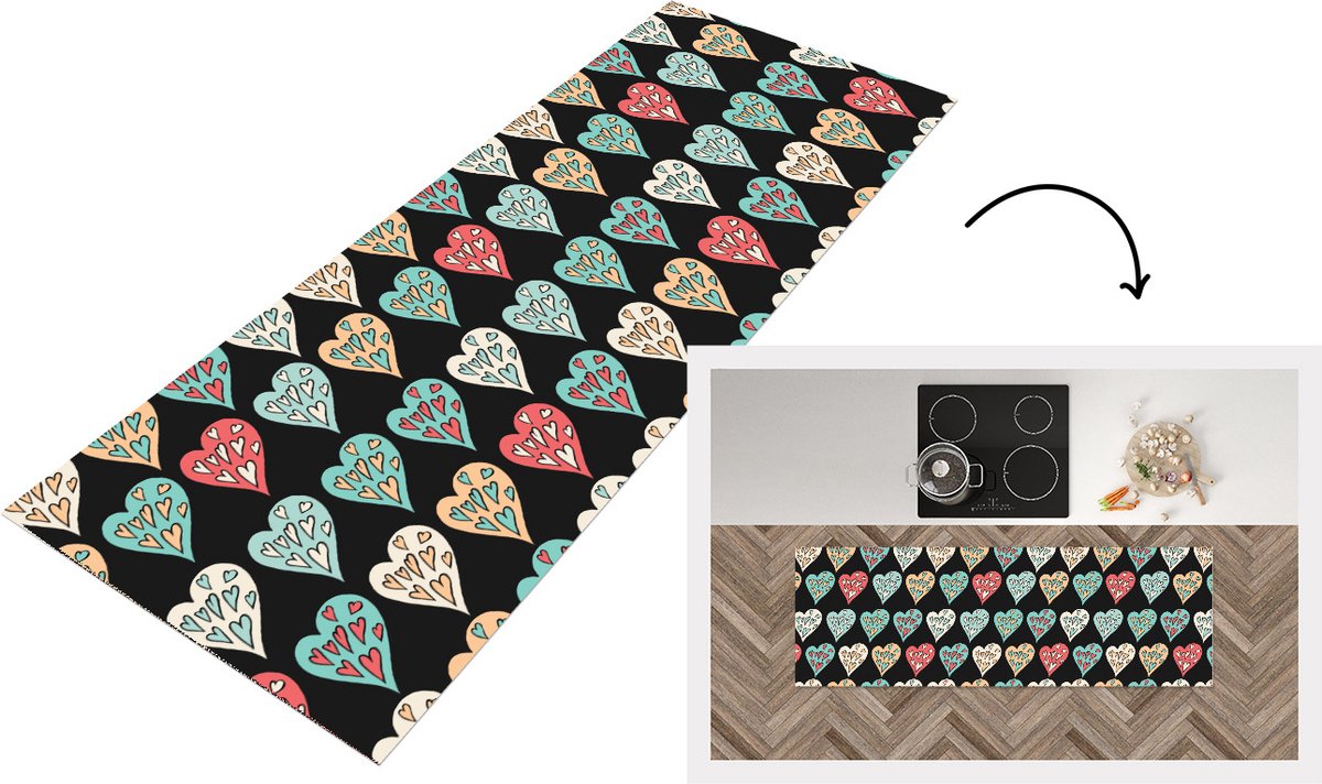 KitchenYeah Keukenloper - Loper keuken - Meisjes - Hart - Hartjes - Patronen - 150x50 cm - Keukenloper vinyl Multicolor