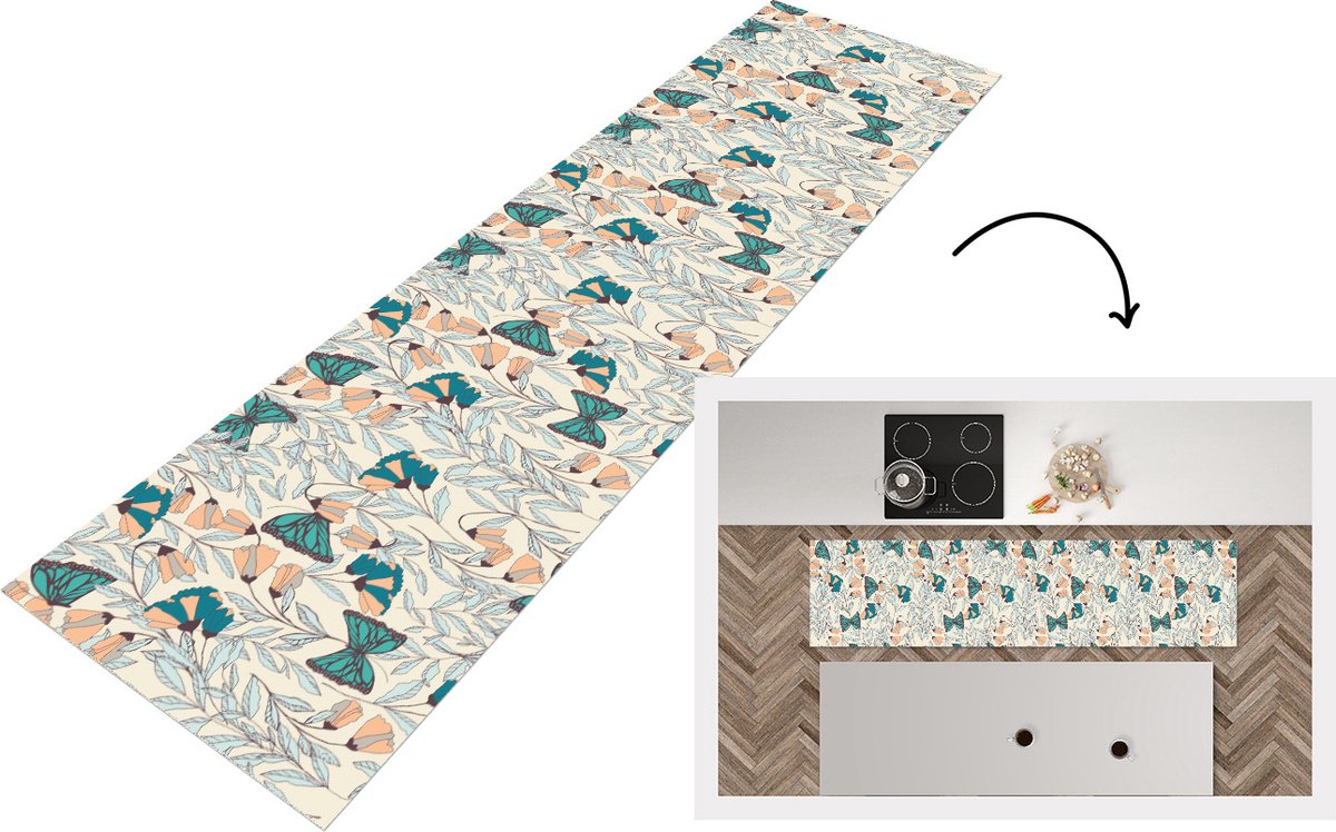 KitchenYeah Keukenloper - Loper keuken - Meisjes - Vlinder - Bloemen - Patronen - 200x50 cm - Keukenloper vinyl Multicolor