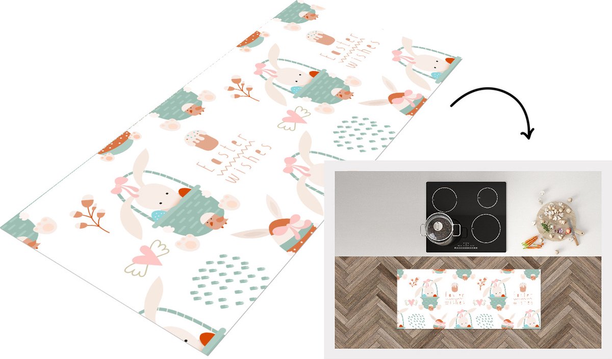 KitchenYeah Keukenloper - Loper keuken - Pasen - Patroon - Paasmand - 120x50 cm - Keukenloper vinyl Multicolor