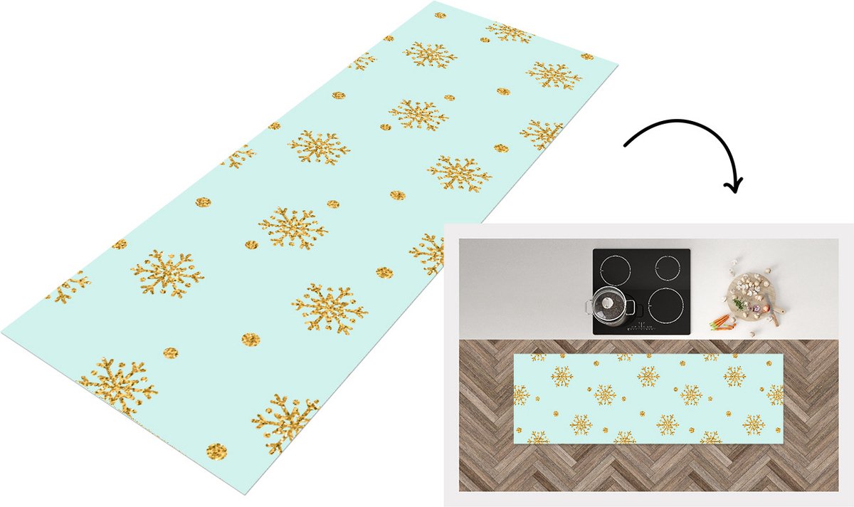 KitchenYeah Keukenloper - Loper keuken - Kerst - Patroon - Sneeuw - Goud - 180x60 cm - Keukenloper vinyl Multicolor