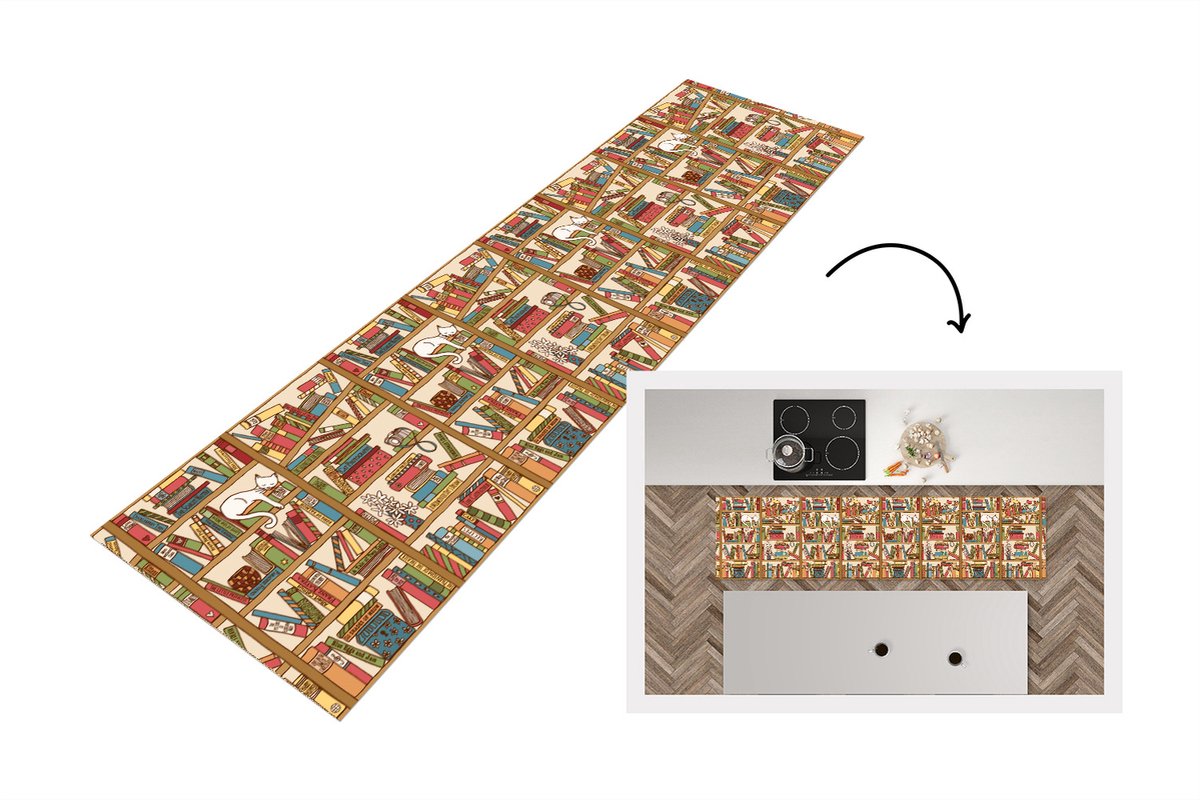 KitchenYeah Keukenloper - Loper keuken - Patronen - Kat - Boek - 200x50 cm - Keukenloper vinyl Multicolor