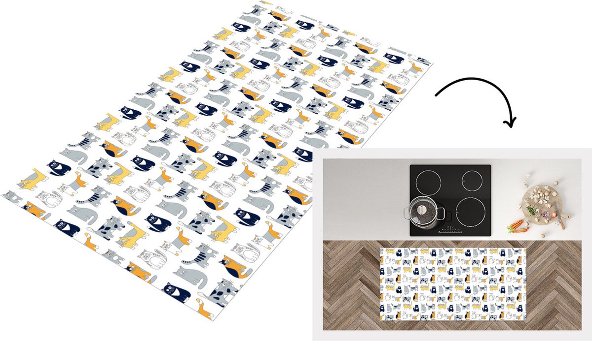 KitchenYeah Keukenloper - Loper keuken - Patroon - Kat - Poes - 120x60 cm - Keukenloper vinyl Multicolor