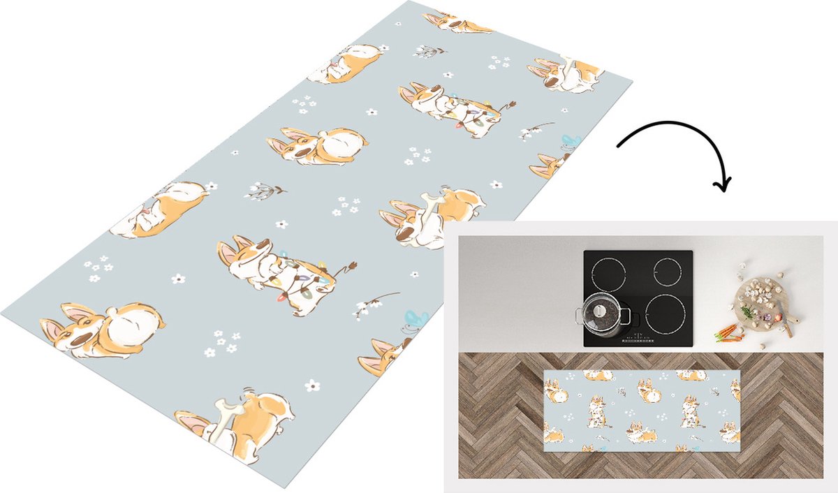 KitchenYeah Keukenloper - Loper keuken - Patroon - Hond - Corgi - 120x50 cm - Keukenloper vinyl Multicolor
