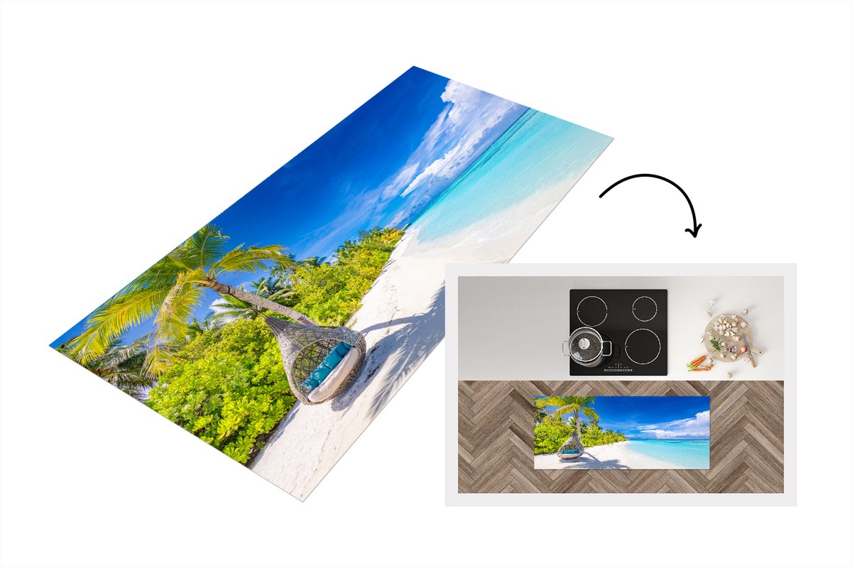 KitchenYeah Keukenloper - Loper keuken - Strand - Palmboom - Hangstoel - 120x50 cm - Keukenloper vinyl Multicolor