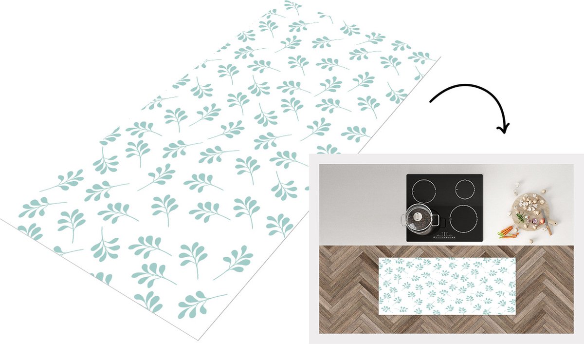 KitchenYeah Keukenloper - Loper keuken - Bladeren - Patroon - Blauw - 120x50 cm - Keukenloper vinyl Multicolor