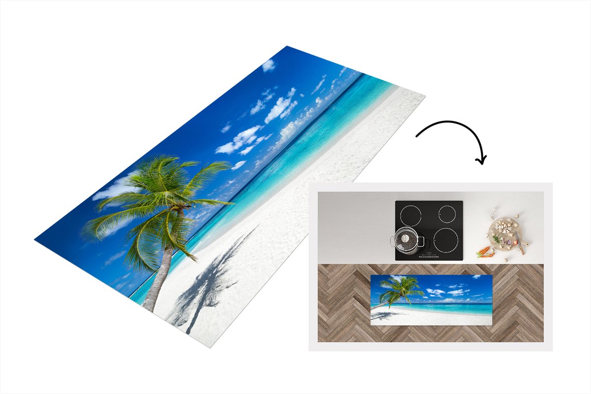 KitchenYeah Keukenloper - Loper keuken - Strand - Zee - Palmboom - Eiland - 120x50 cm - Keukenloper vinyl Multicolor