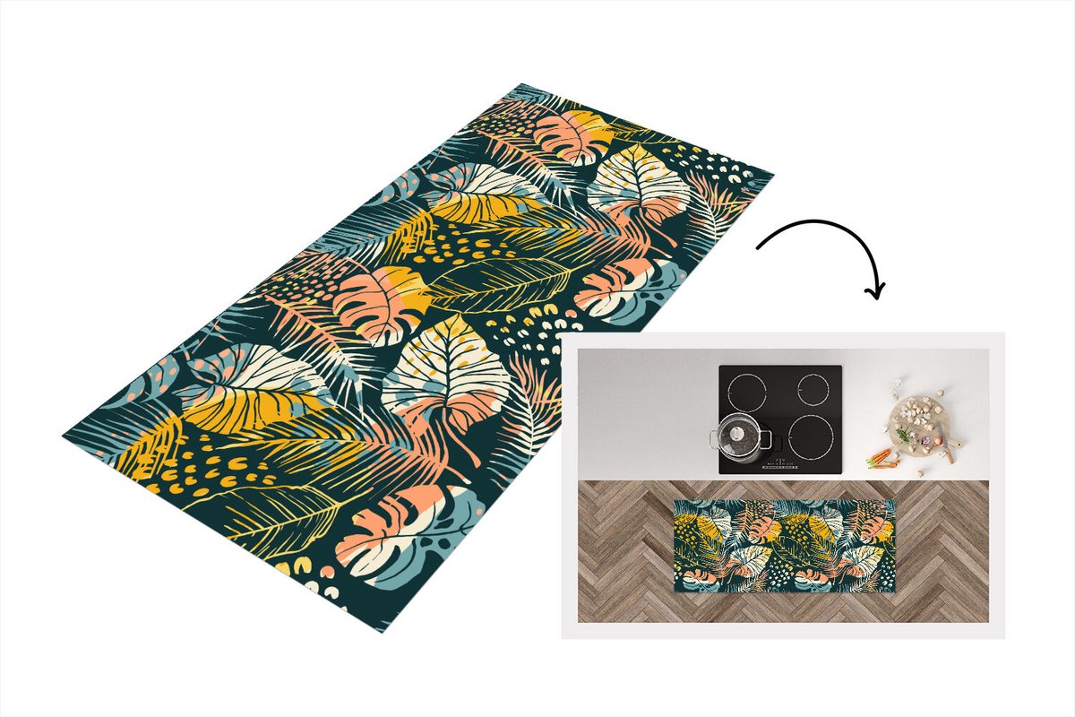 KitchenYeah Keukenloper - Loper keuken - Tropische bladeren - Zomer - Patronen - 120x50 cm - Keukenloper vinyl Multicolor