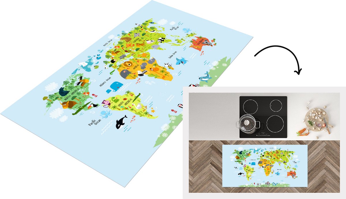 KitchenYeah Keukenloper - Loper keuken - Wereldkaart Kinderen - Dieren - Kleuren - 120x60 cm - Keukenloper vinyl Multicolor
