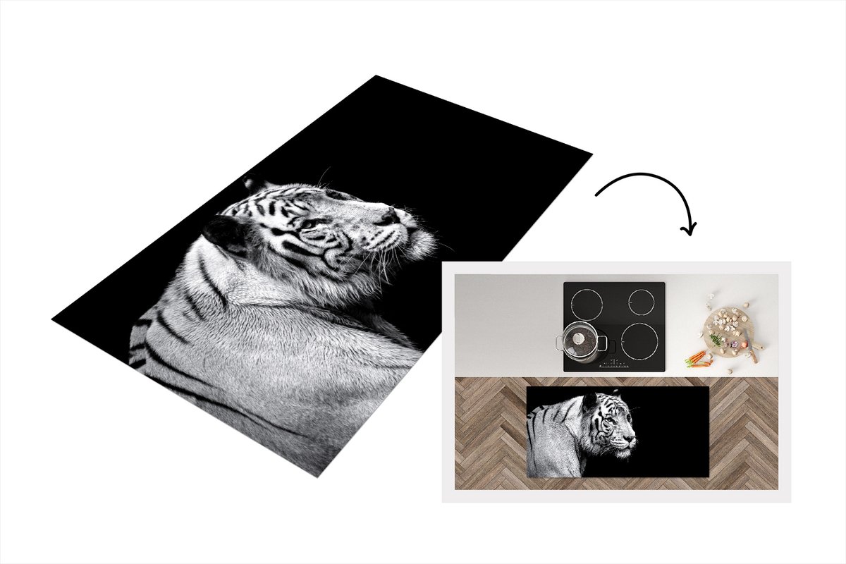 KitchenYeah Keukenloper - Loper keuken - Studio shot witte tijger op zwarte achtergrond in zwart-wit - 120x60 cm - Keukenloper vinyl Zwart; Wit
