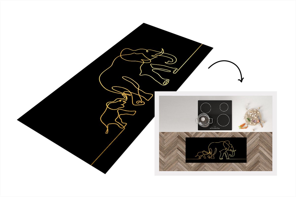 KitchenYeah Keukenloper - Loper keuken - Olifant - Goud - Zwart - Lijn - Simpel - 120x50 cm - Keukenloper vinyl Multicolor