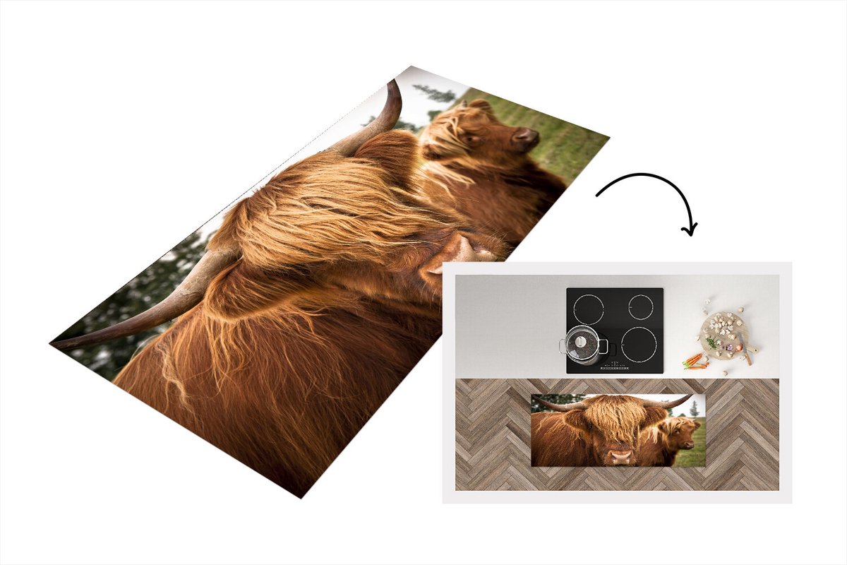 KitchenYeah Keukenloper - Loper keuken - Schotse Hooglanders - Bruin - Gras - 120x50 cm - Keukenloper vinyl Multicolor