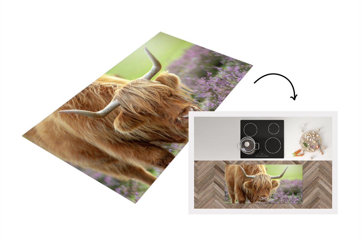 KitchenYeah Keukenloper - Loper keuken - Schotse Hooglander - Paars - Bloemen - 120x60 cm - Keukenloper vinyl Multicolor