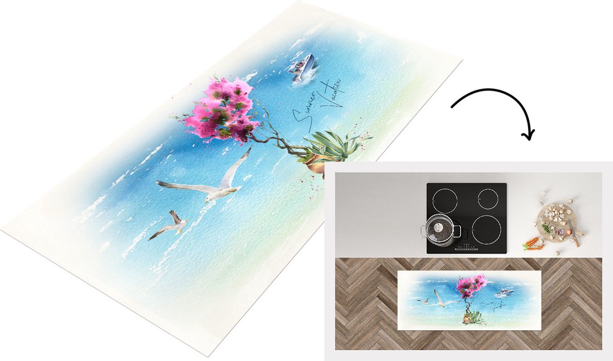 KitchenYeah Keukenloper - Loper keuken - Bloemen - Boot - Vogel - Zee - 120x50 cm - Keukenloper vinyl Multicolor