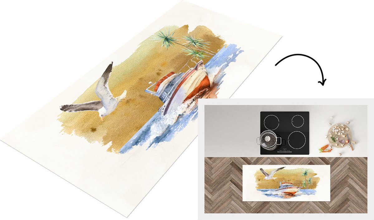 KitchenYeah Keukenloper - Loper keuken - Boot - Vogel - Strand - Waterverf - 120x50 cm - Keukenloper vinyl Multicolor