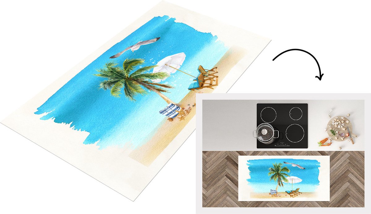 KitchenYeah Keukenloper - Loper keuken - Strandstoel - Parasol - Vogel - Waterverf - 120x60 cm - Keukenloper vinyl Multicolor