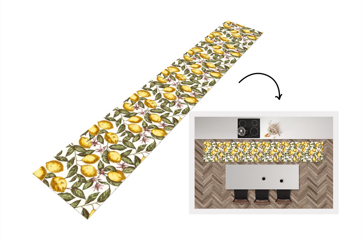 KitchenYeah Keukenloper - Loper keuken - Patroon - Bloemen - Citroenen - Citrus - 300x50 cm - Keukenloper vinyl Multicolor
