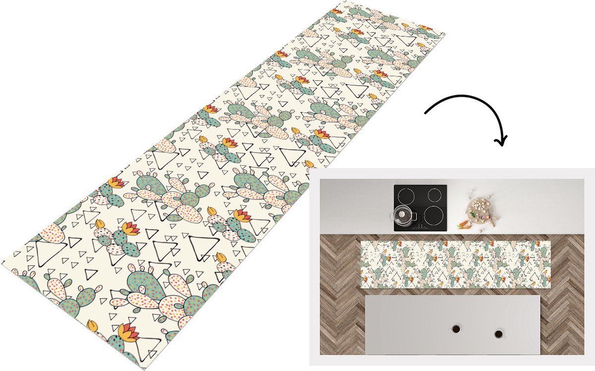 KitchenYeah Keukenloper - Loper keuken - Patroon - Cactus - Driehoek - 240x60 cm - Keukenloper vinyl Multicolor