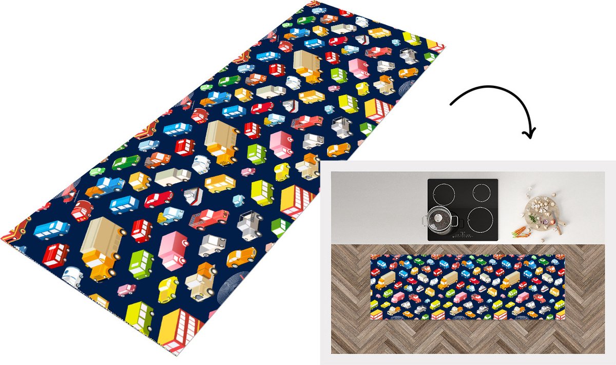 KitchenYeah Keukenloper - Loper keuken - Patroon - Auto - Verkeer - 150x50 cm - Keukenloper vinyl Multicolor