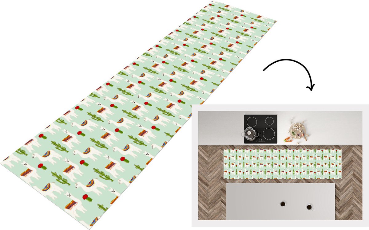 KitchenYeah Keukenloper - Loper keuken - Lama - Cactus - Patronen - 240x60 cm - Keukenloper vinyl Multicolor