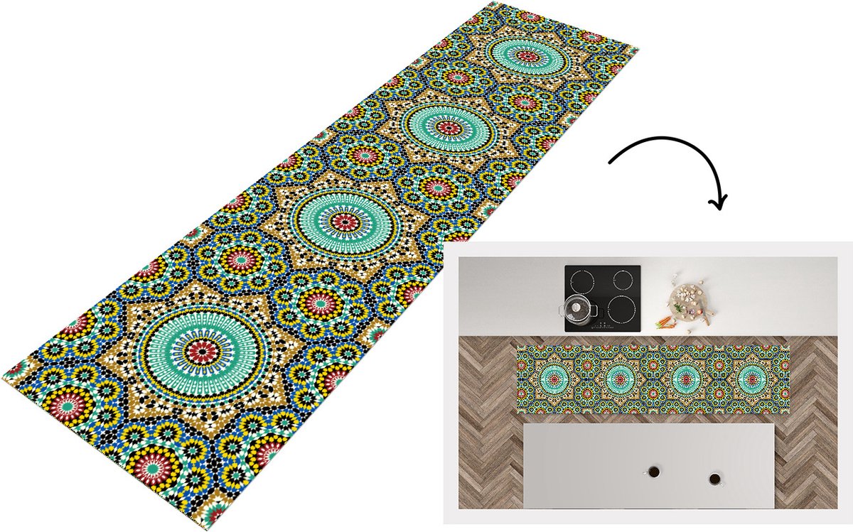 KitchenYeah Keukenloper - Loper keuken - Mozaïek - Patronen - Mandala - 240x60 cm - Keukenloper vinyl Multicolor