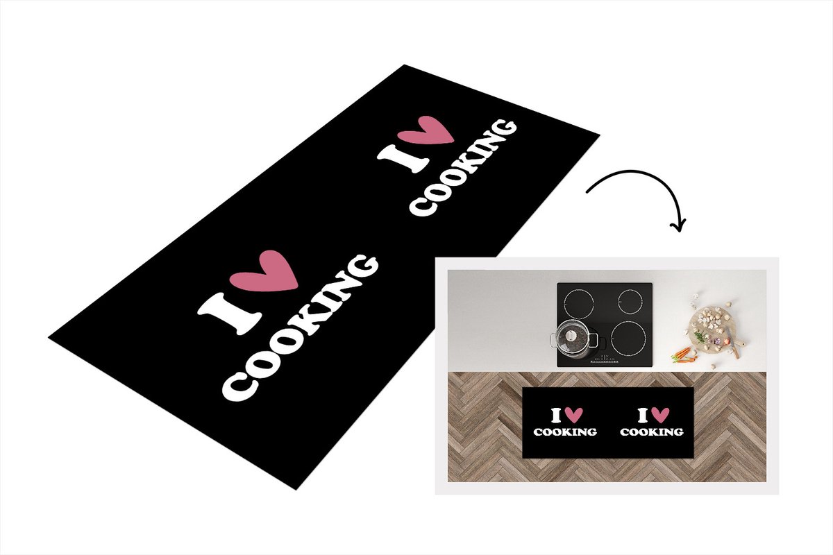 KitchenYeah Keukenloper - Loper keuken - I love cooking - Quotes - Koken - Hartje - Roze - Spreuken - Keuken - 120x50 cm - Keukenloper vinyl Multicolor