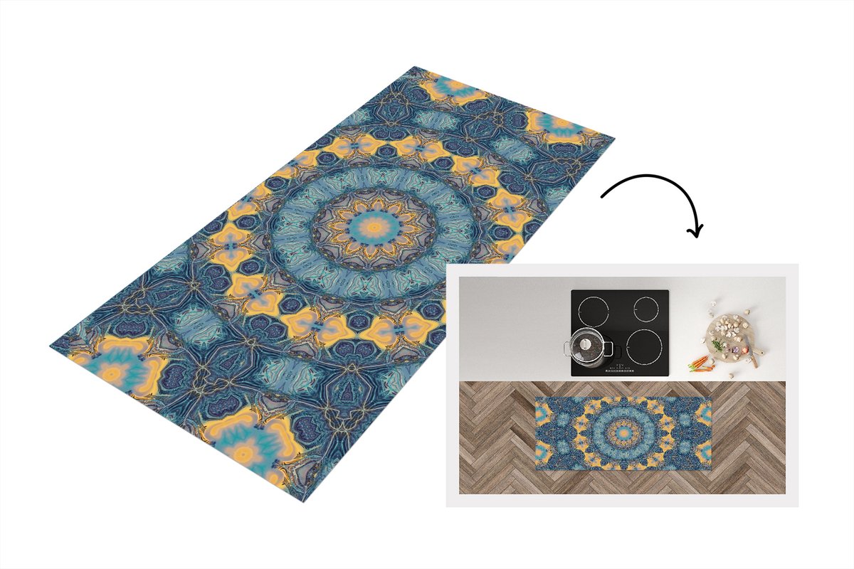 KitchenYeah Keukenloper - Loper keuken - Cirkel - Blauw - Mandala - Keukenloper vinyl Multicolor