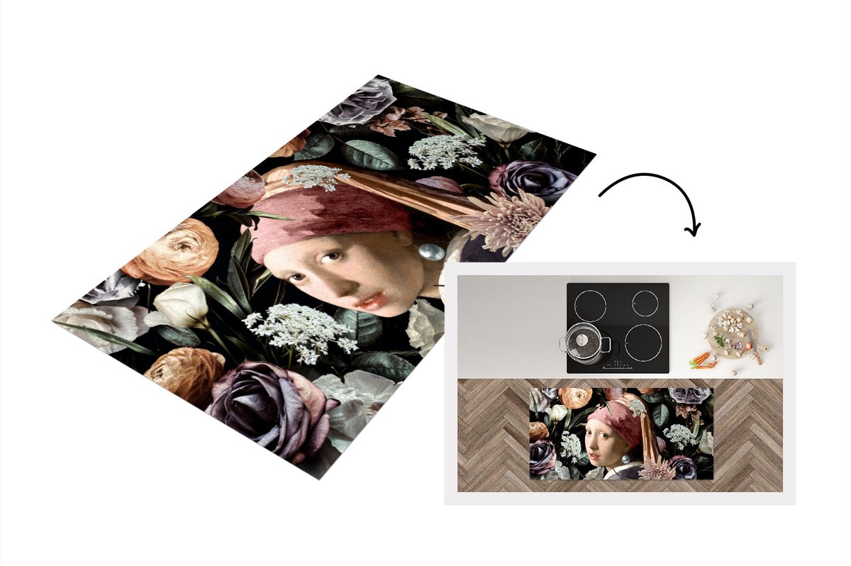 KitchenYeah Keukenloper - Loper keuken - Meisje met de parel - Bloemen - Kunst - 120x60 cm - Keukenloper vinyl Multicolor