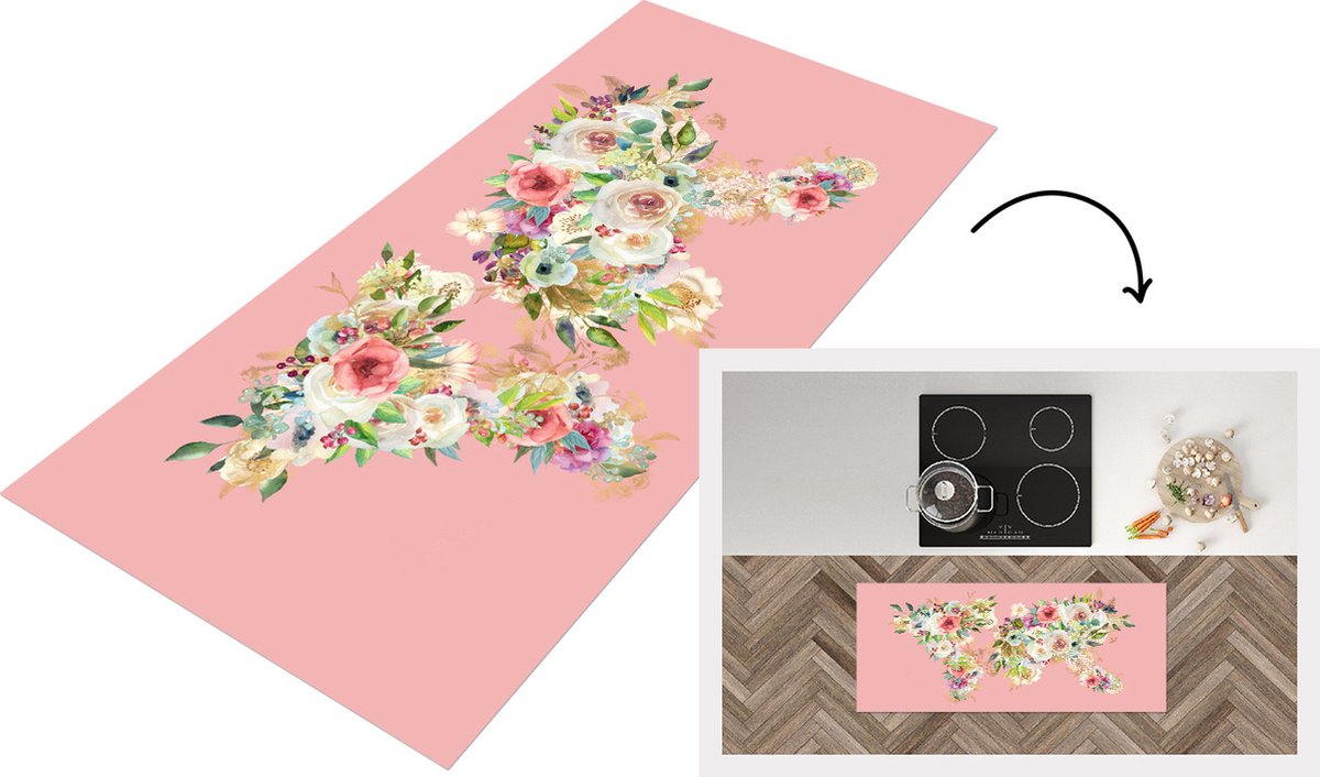 KitchenYeah Keukenloper - Loper keuken - Wereldkaart - Bloemen - Bladeren - 120x50 cm - Keukenloper vinyl Multicolor
