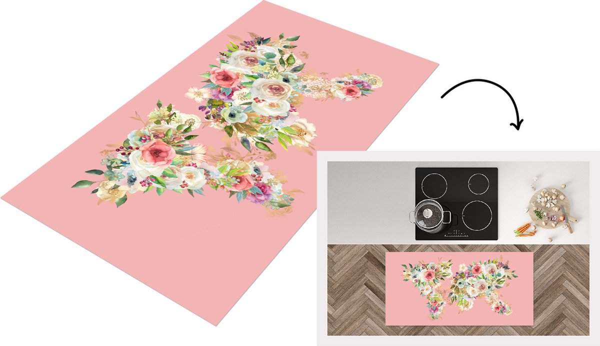 KitchenYeah Keukenloper - Loper keuken - Wereldkaart - Bloemen - Bladeren - 120x60 cm - Keukenloper vinyl Multicolor