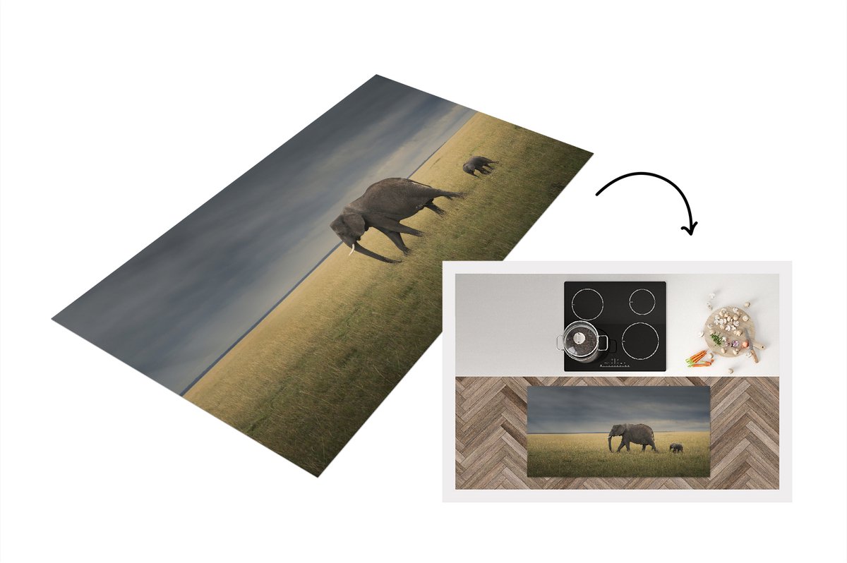 KitchenYeah Keukenloper - Loper keuken - Olifanten vluchten voor het slechte weer - 120x60 cm - Keukenloper vinyl Multicolor