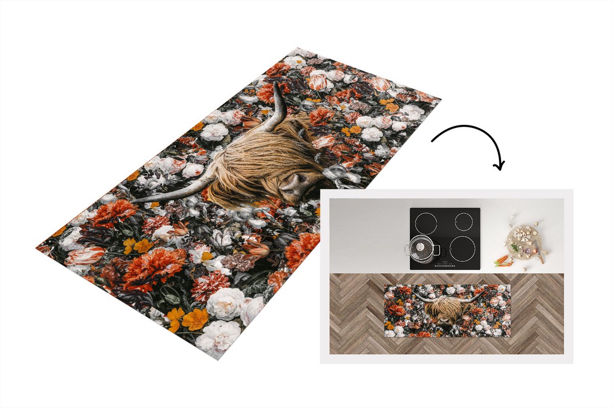 KitchenYeah Keukenloper - Loper keuken - Schotse hooglander - Bloemen - Regenboog - 120x50 cm - Keukenloper vinyl Multicolor