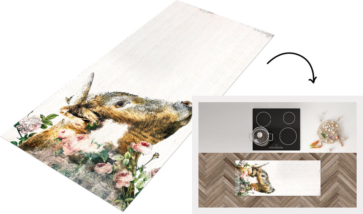 KitchenYeah Keukenloper - Loper keuken - Schotse hooglander - Waterverf - Bloemen - 120x50 cm - Keukenloper vinyl Multicolor