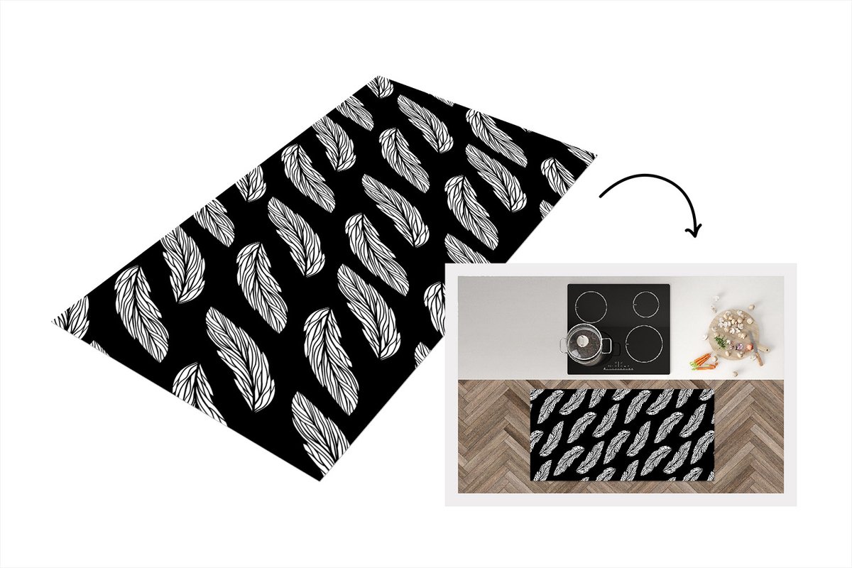 KitchenYeah Keukenloper - Loper keuken - Patroon - Veren - Zwart Wit - 120x60 cm - Keukenloper vinyl Zwart; Wit