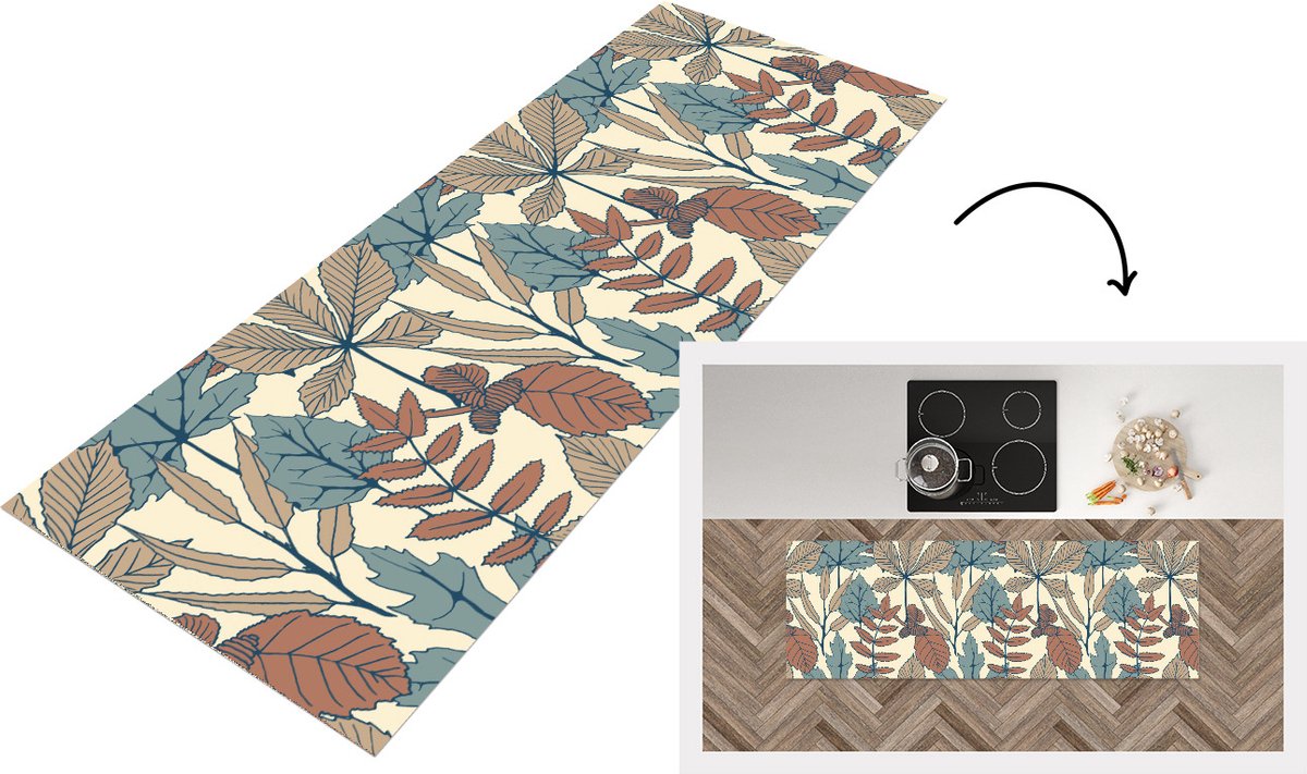 KitchenYeah Keukenloper - Loper keuken - Herfst - Patronen - Bladeren - 150x50 cm - Keukenloper vinyl Multicolor
