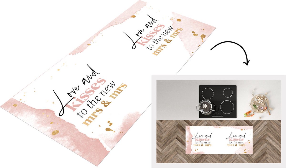 KitchenYeah Keukenloper - Loper keuken - Trouwen - 'Love and kisses to the new Mrs & Mrs' - Spreuken - Quotes - 120x50 cm - Keukenloper vinyl Multicolor