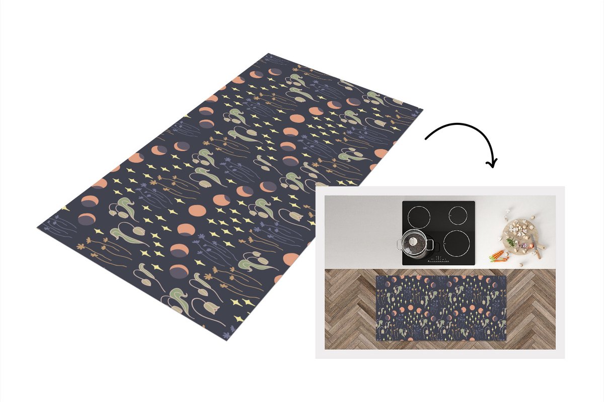 KitchenYeah Keukenloper - Loper keuken - Ruimte - Maan - Sterren - Bloemen - Patroon - 120x60 cm - Keukenloper vinyl Multicolor